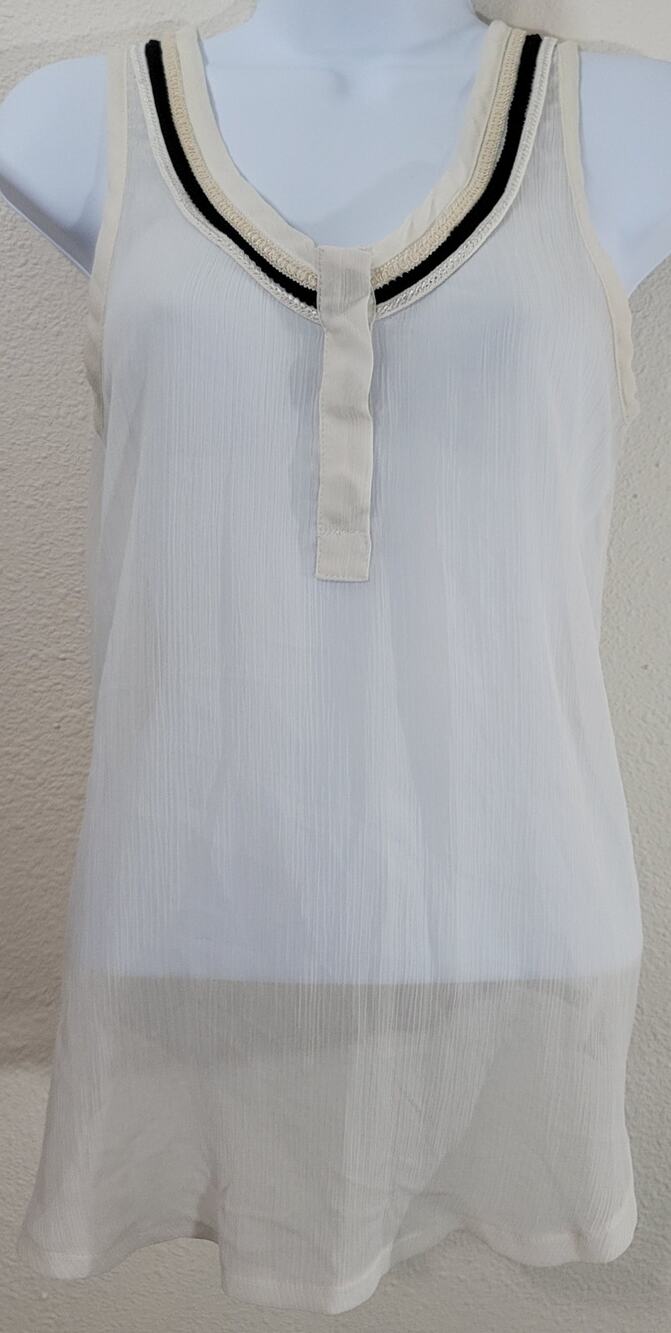 Miss Me Cream Sheer Henley Tank Top Small Lightweight Rounded Hem Soft Flowy